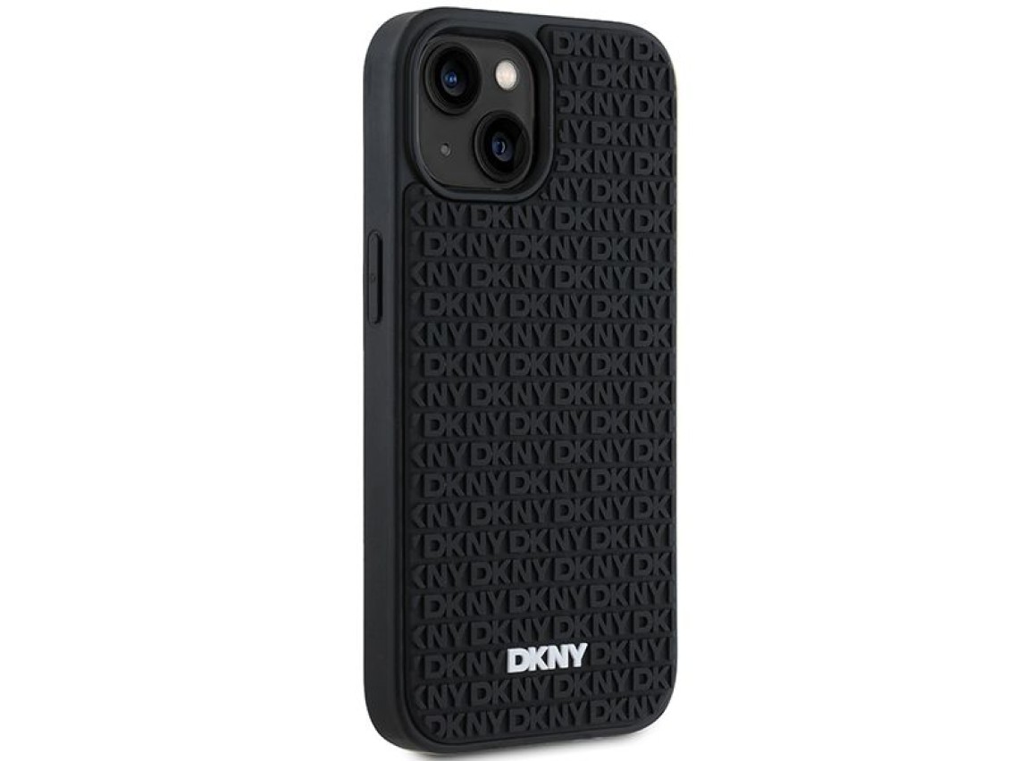Funda DKNY 3D de goma con estampado repetitivo para iPhone 15 Plus - negra