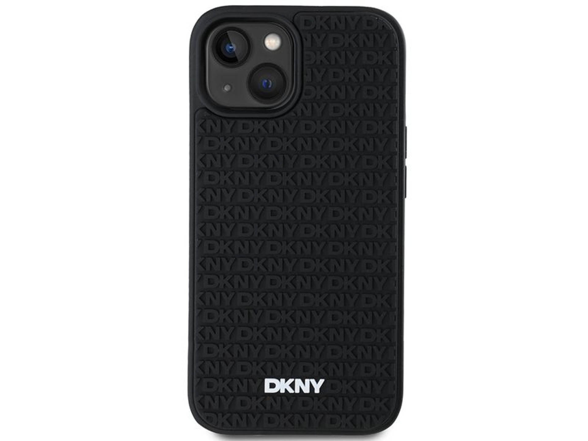 Funda DKNY 3D de goma con estampado repetitivo para iPhone 15 Plus - negra