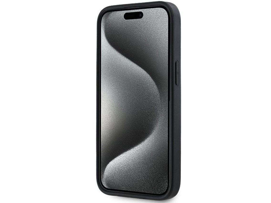 Funda DKNY 3D de goma con estampado repetitivo para iPhone 15 Plus - negra