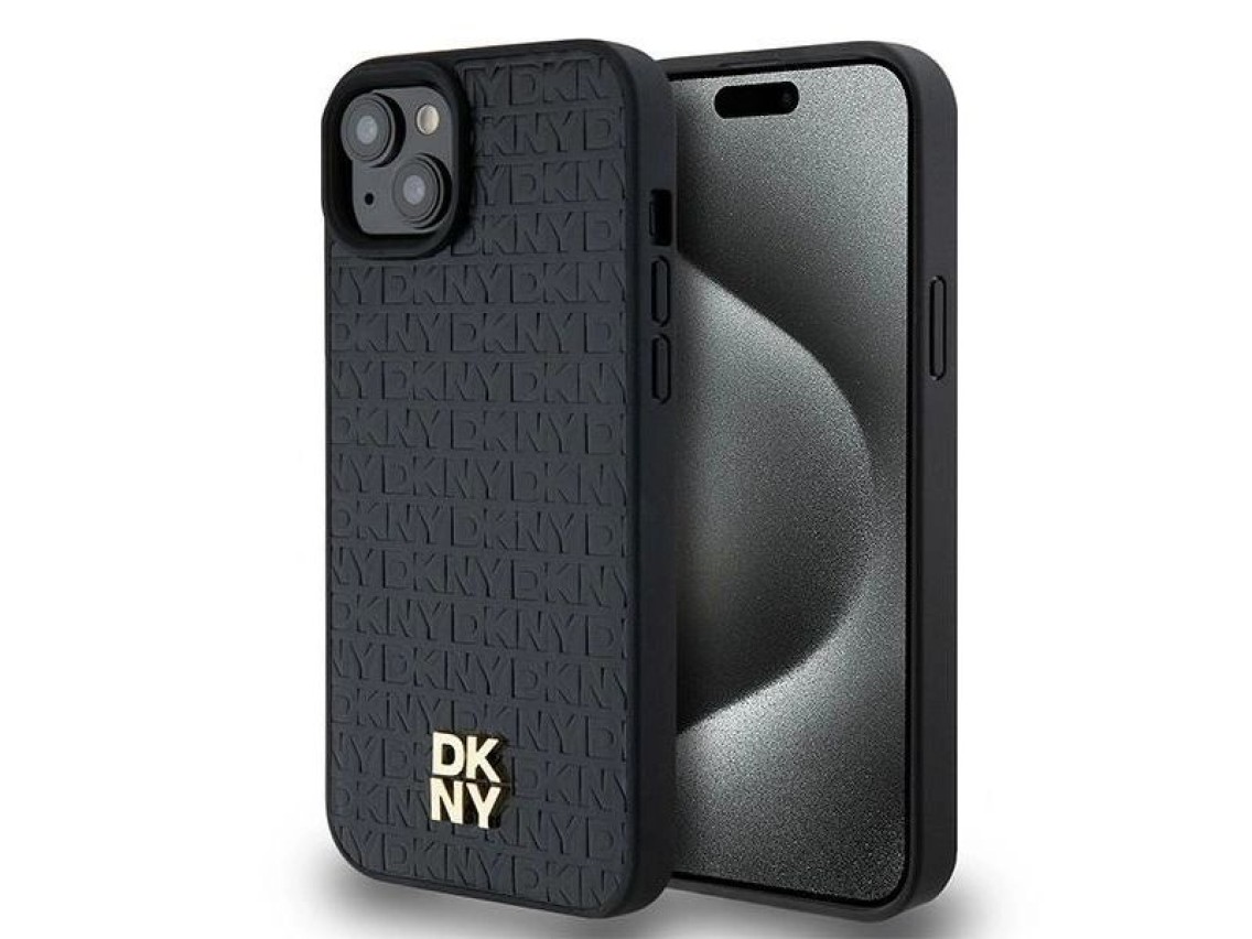 DKNY Leather Pattern Metal Logo MagSafe Case for iPhone 15/14/13 - Black