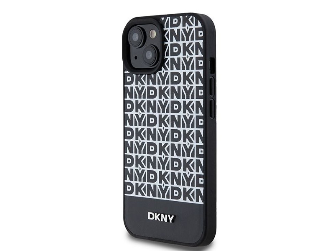 DKNY Leather Printed Pattern Metal Logo MagSafe Case for iPhone 15/14/13 - Black
