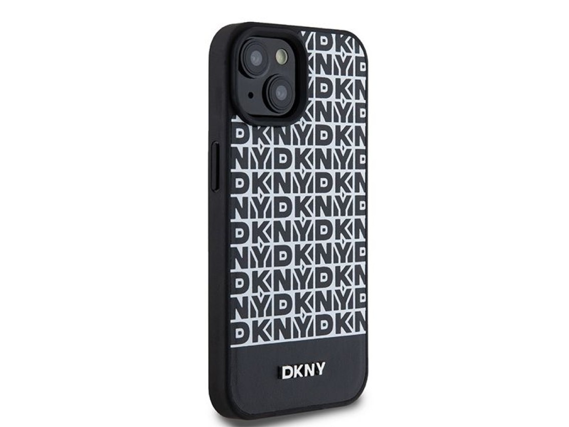 DKNY Leather Printed Pattern Metal Logo MagSafe Case for iPhone 15/14/13 - Black
