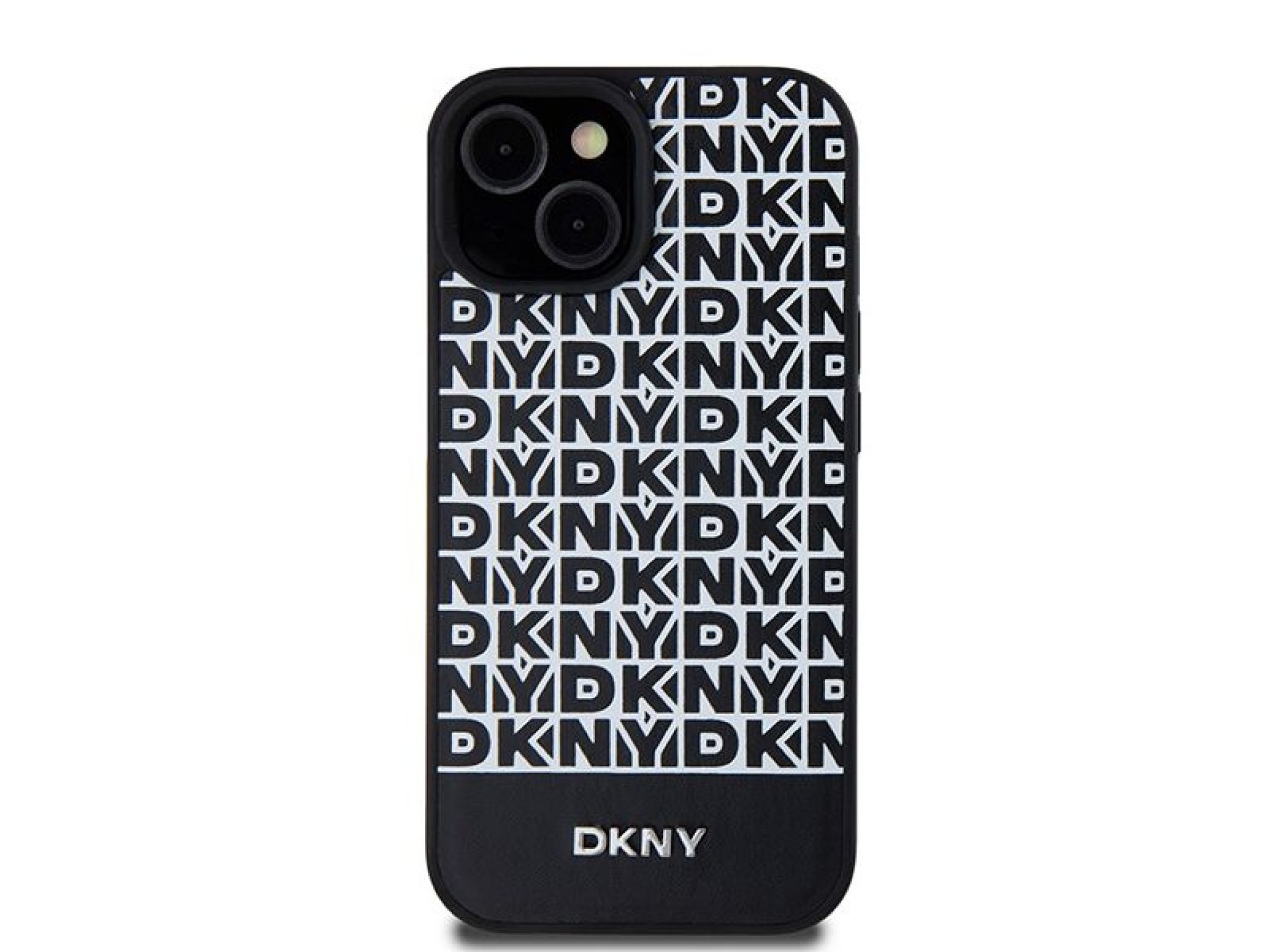 DKNY Leather Printed Pattern Metal Logo MagSafe Case for iPhone 15/14/13 - Black