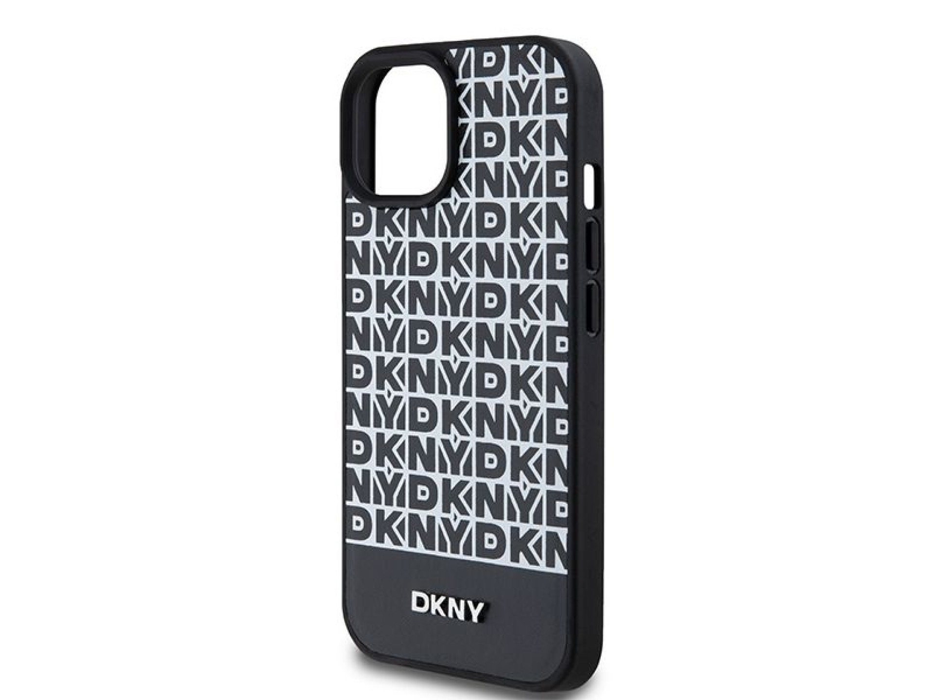 DKNY Leather Printed Pattern Metal Logo MagSafe Case for iPhone 15/14/13 - Black