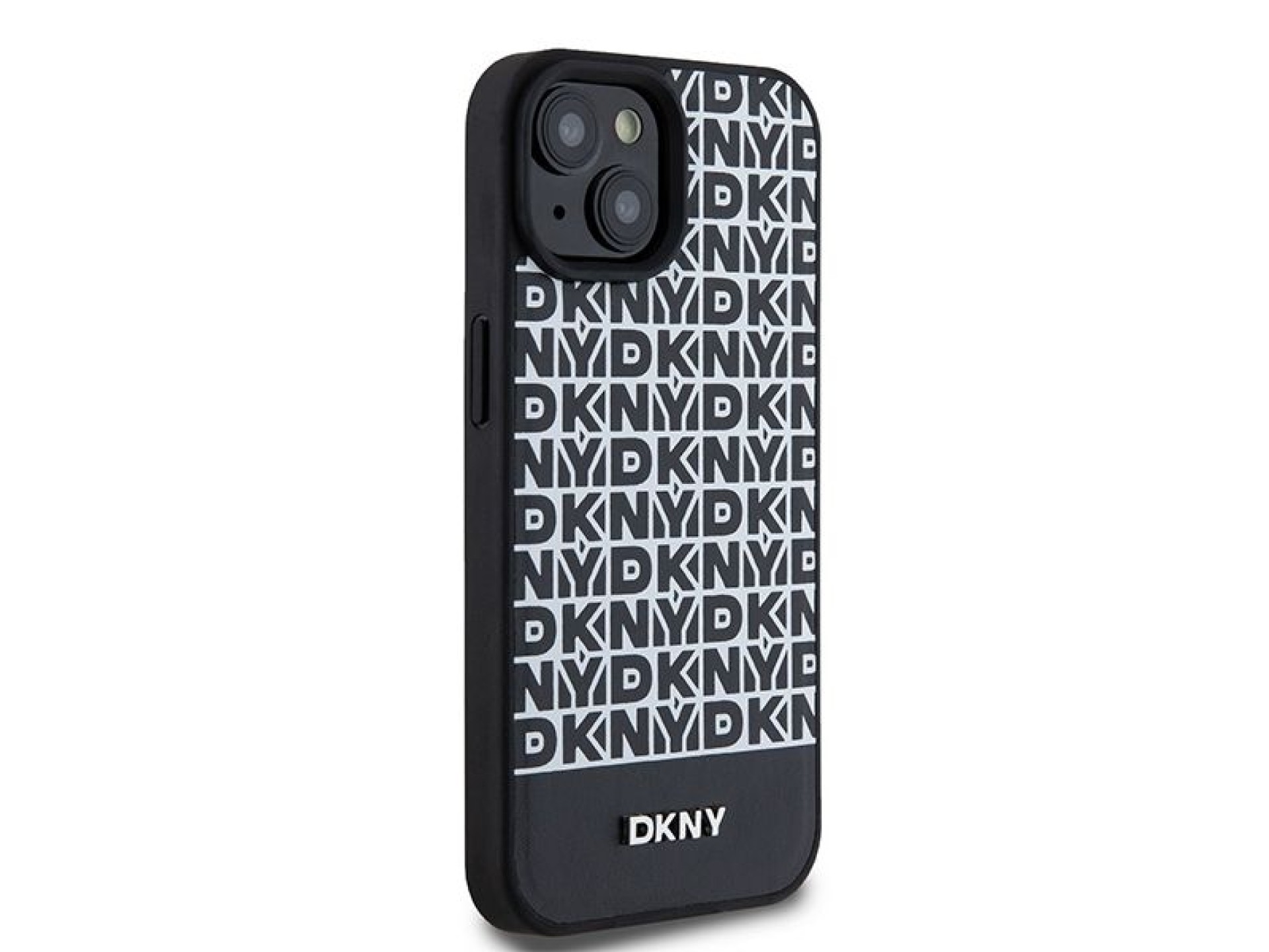 DKNY Leather Printed Pattern Metal Logo MagSafe Case for iPhone 15/14/13 - Black