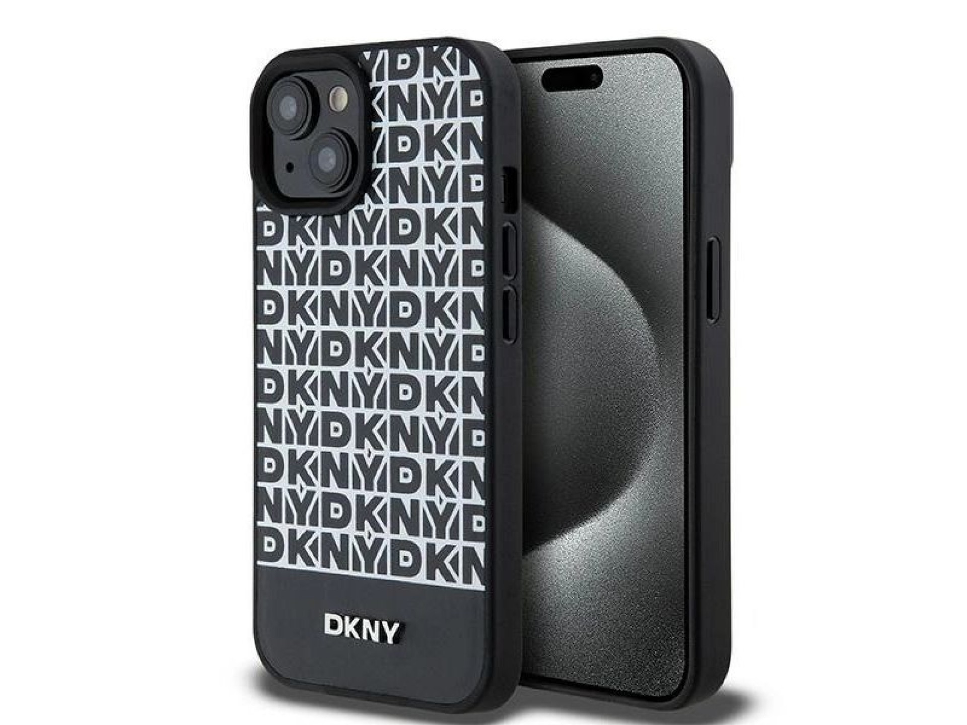 DKNY Leather Printed Pattern Metal Logo MagSafe Case for iPhone 15/14/13 - Black