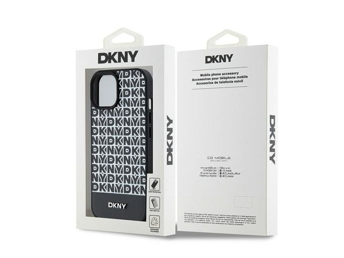 DKNY Leather Printed Pattern Metal Logo MagSafe Case for iPhone 15/14/13 - Black