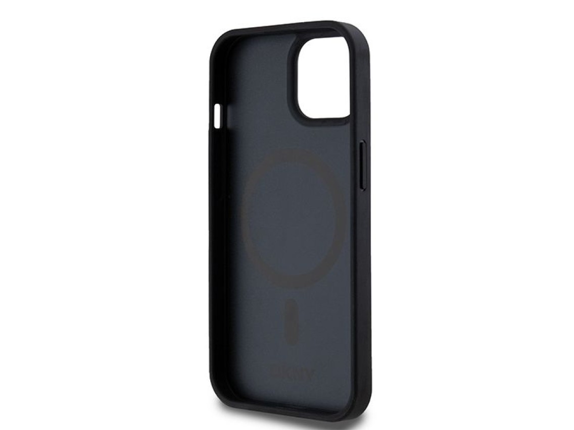 DKNY Leather Printed Pattern Metal Logo MagSafe Case for iPhone 15/14/13 - Black