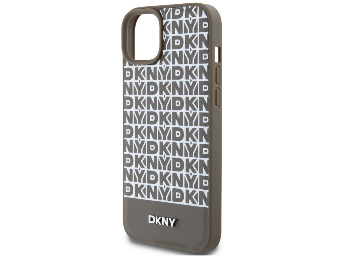Funda DKNY de piel con estampado y logotipo metálico MagSafe para iPhone 15 / 14 / 13 - Marrón