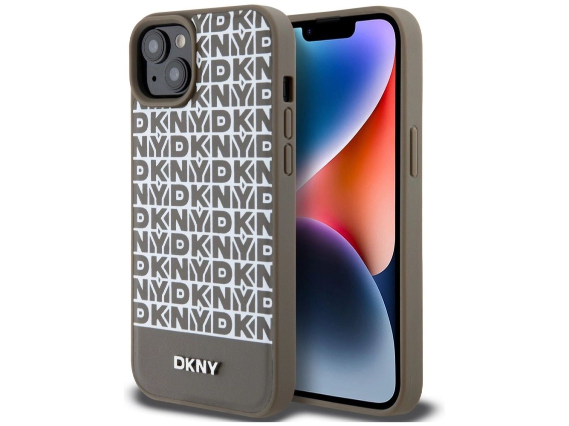 Funda DKNY de piel con estampado y logotipo metálico MagSafe para iPhone 15 / 14 / 13 - Marrón