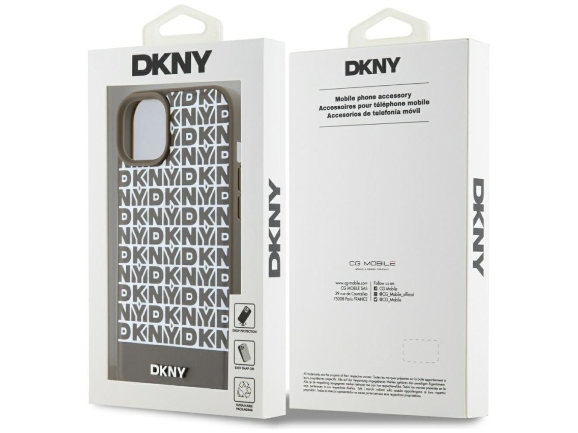 Funda DKNY de piel con estampado y logotipo metálico MagSafe para iPhone 15 / 14 / 13 - Marrón
