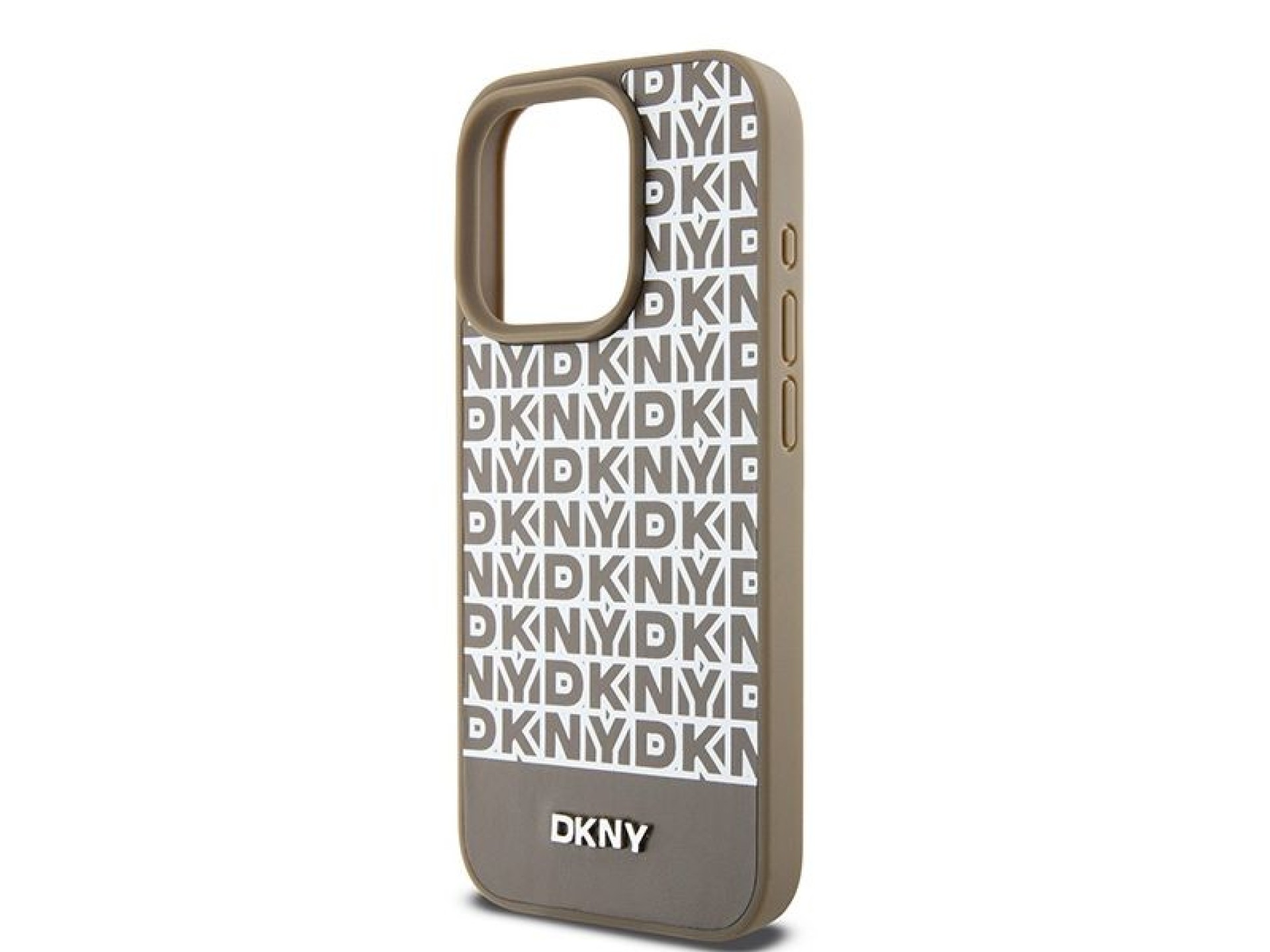 DKNY Leather Printed Pattern Metal Logo MagSafe Case for iPhone 15 Pro Max - Brown