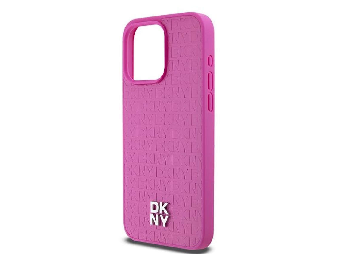DKNY Leather Monogram Pattern Metal Logo MagSafe Case for iPhone 15 Pro Max - Pink