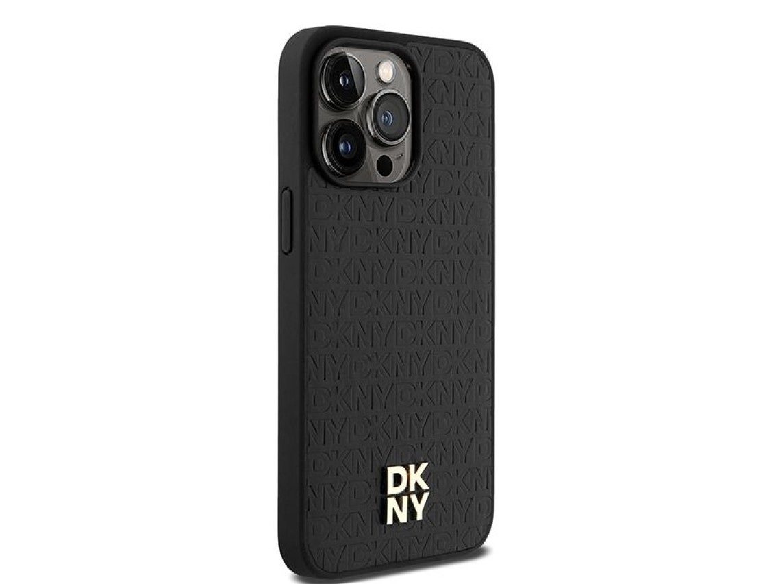 DKNY Leather Monogram Pattern Metal Logo MagSafe Case for iPhone 15 Pro Max - Black