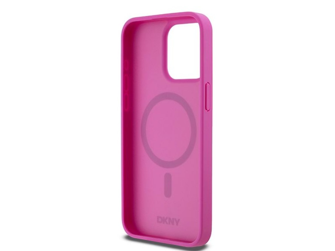 DKNY Leather Monogram Pattern Metal Logo MagSafe Case for iPhone 15 Pro Max - Pink