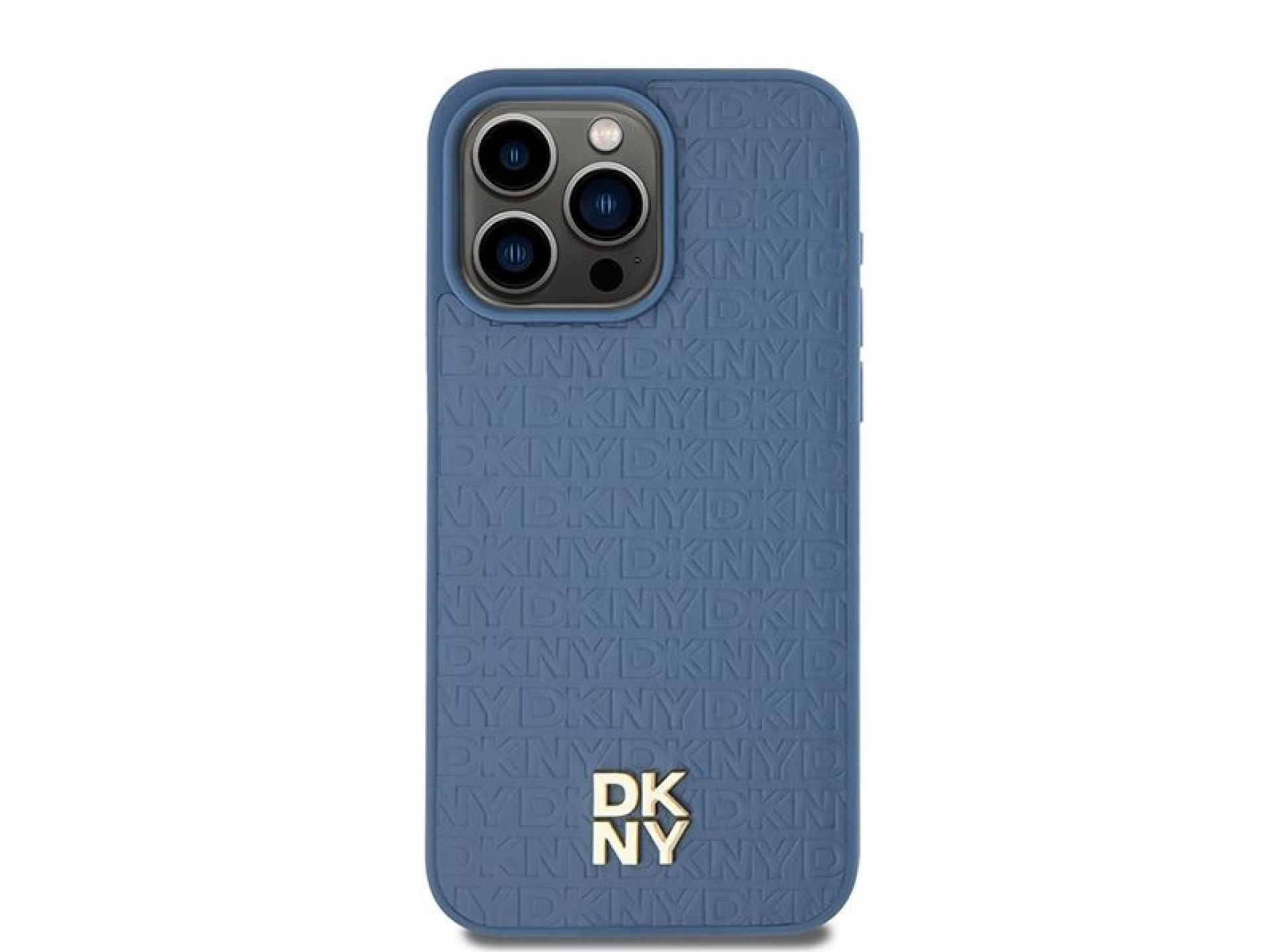 DKNY Leather Monogram Pattern Metal Logo MagSafe Case for iPhone 15 Pro Max - Blue