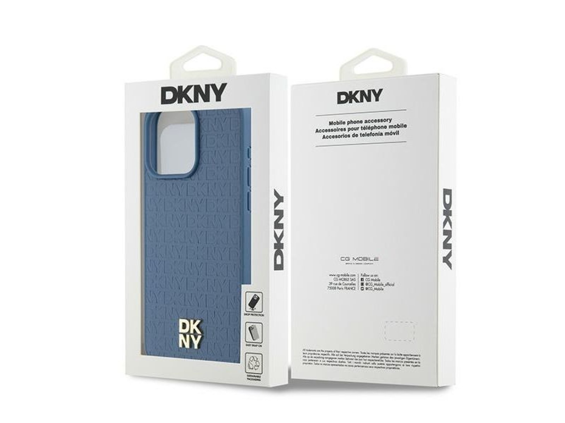 DKNY Leather Monogram Pattern Metal Logo MagSafe Case for iPhone 15 Pro Max - Blue