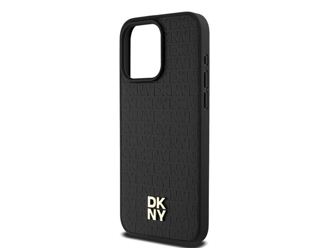 DKNY Leather Monogram Pattern Metal Logo MagSafe Case for iPhone 15 Pro Max - Black