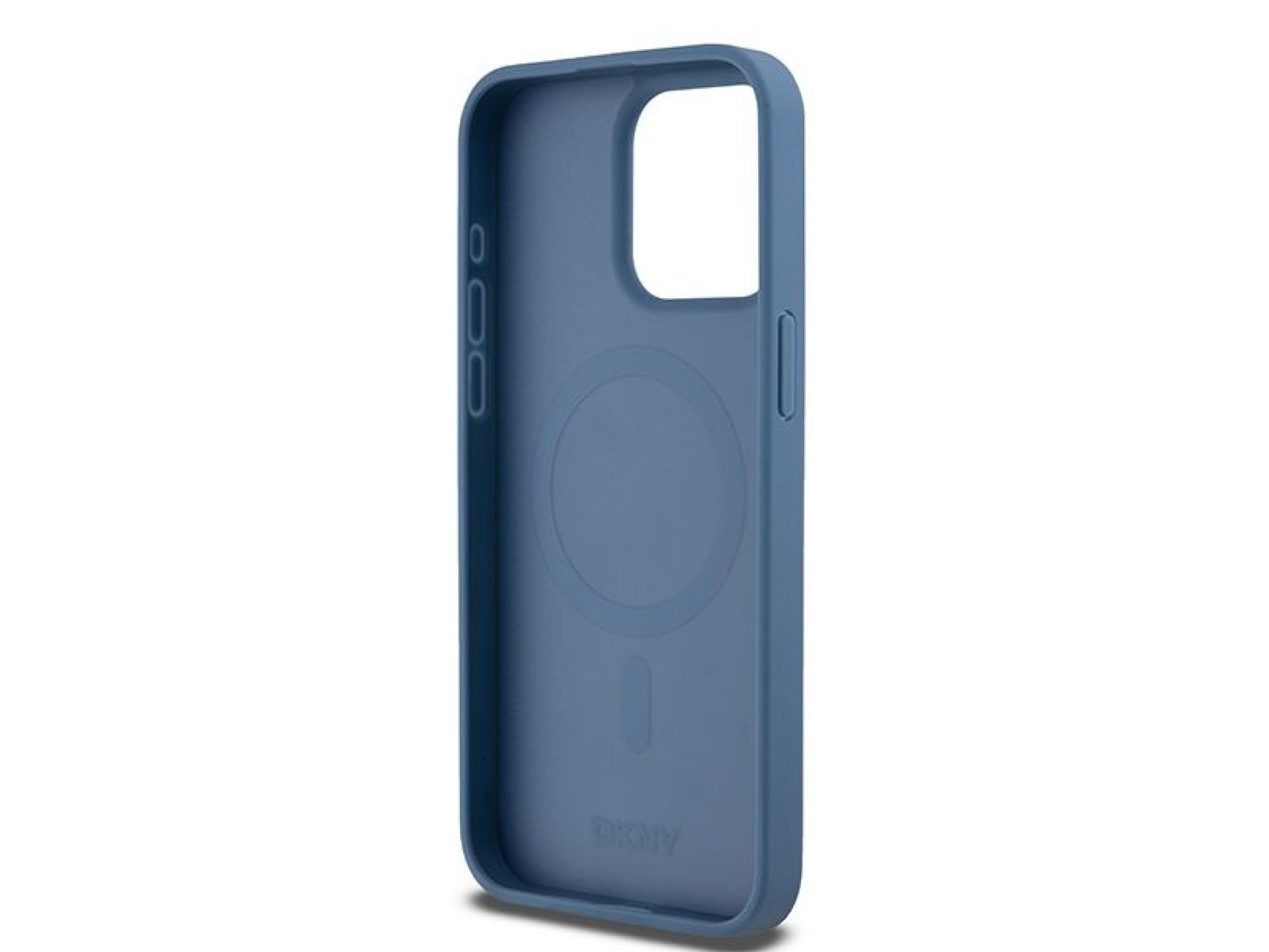 DKNY Leather Monogram Pattern Metal Logo MagSafe Case for iPhone 15 Pro Max - Blue