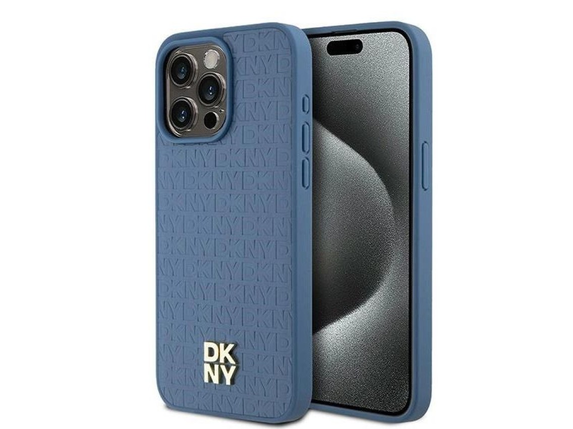 DKNY Leather Monogram Pattern Metal Logo MagSafe Case for iPhone 15 Pro Max - Blue