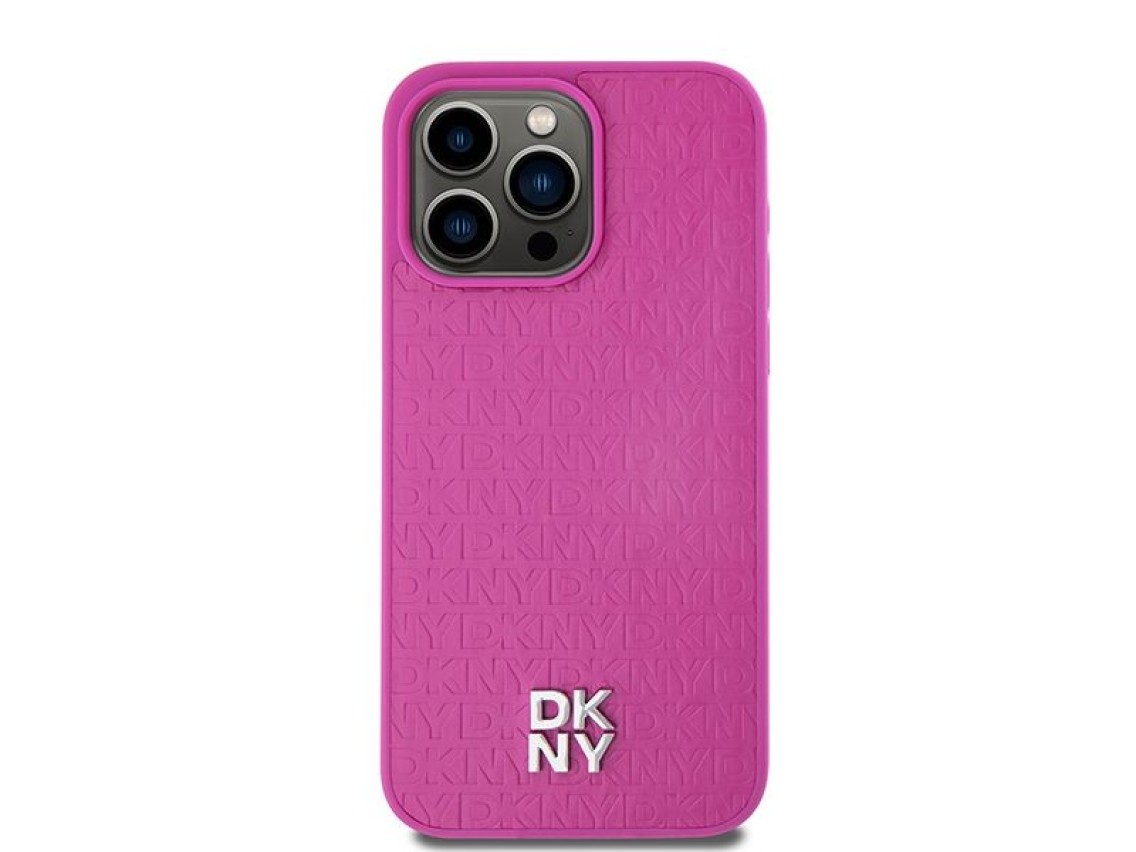DKNY Leather Monogram Pattern Metal Logo MagSafe Case for iPhone 15 Pro Max - Pink