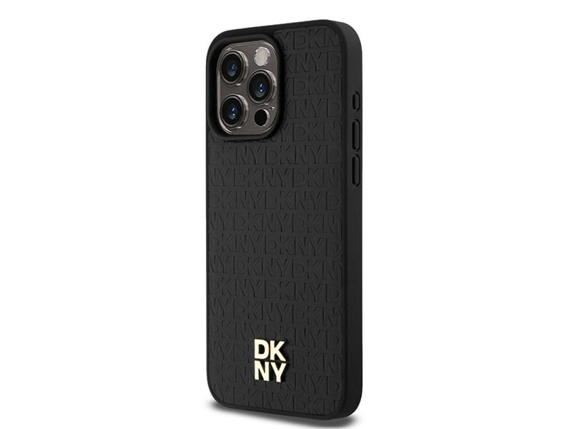 DKNY Leather Monogram Pattern Metal Logo MagSafe Case for iPhone 15 Pro Max - Black