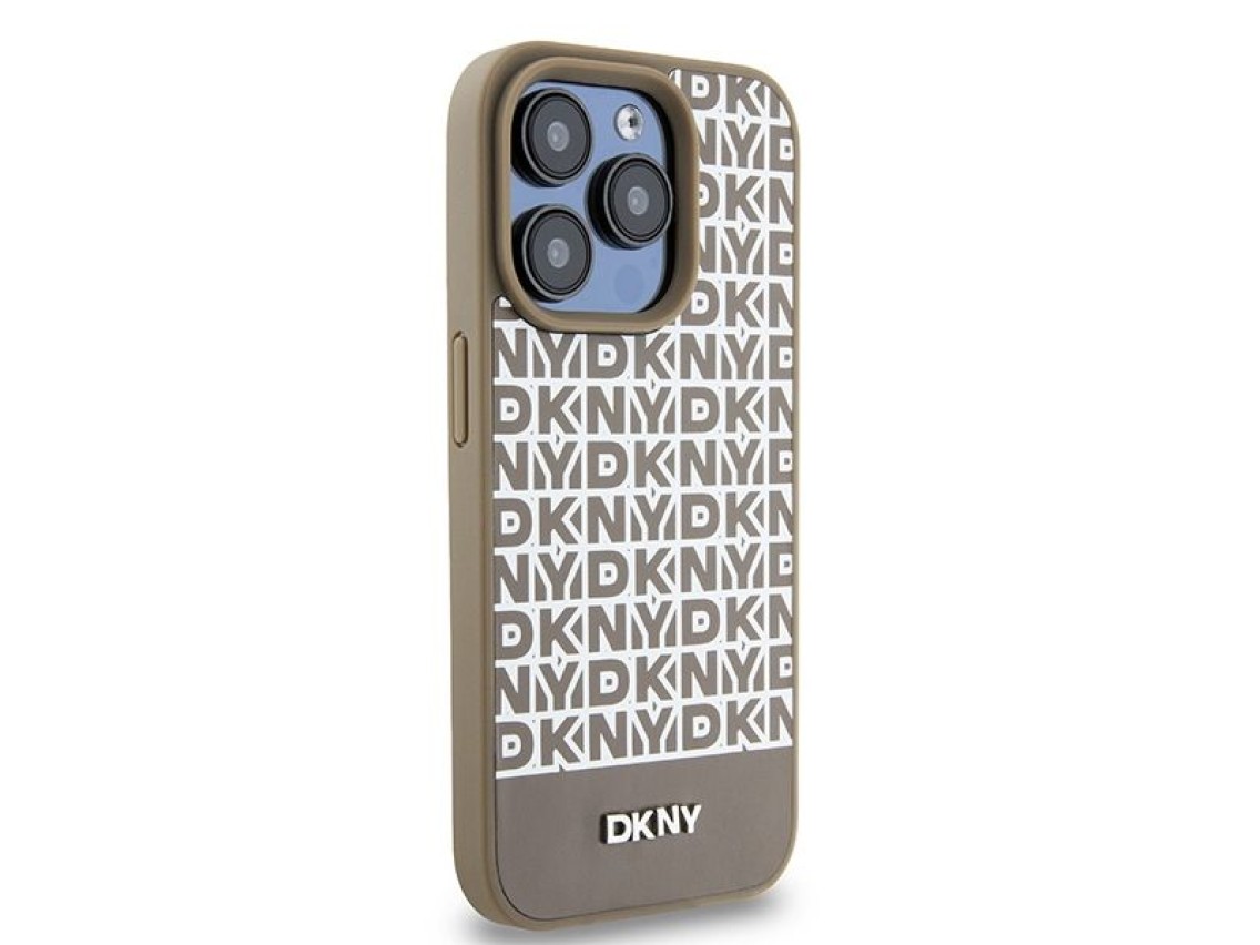 DKNY Leather Printed Pattern Metal Logo MagSafe Case for iPhone 15 Pro Max - Brown