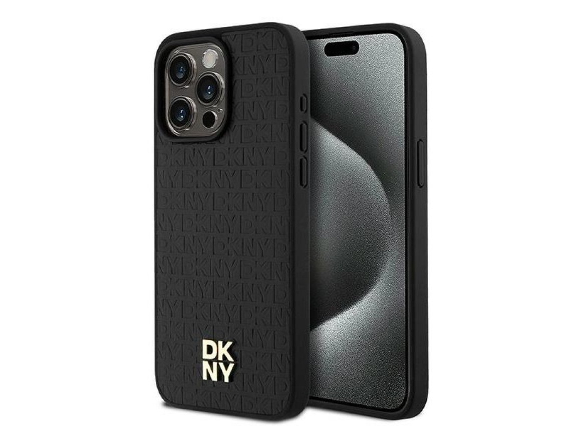 DKNY Leather Monogram Pattern Metal Logo MagSafe Case for iPhone 15 Pro Max - Black