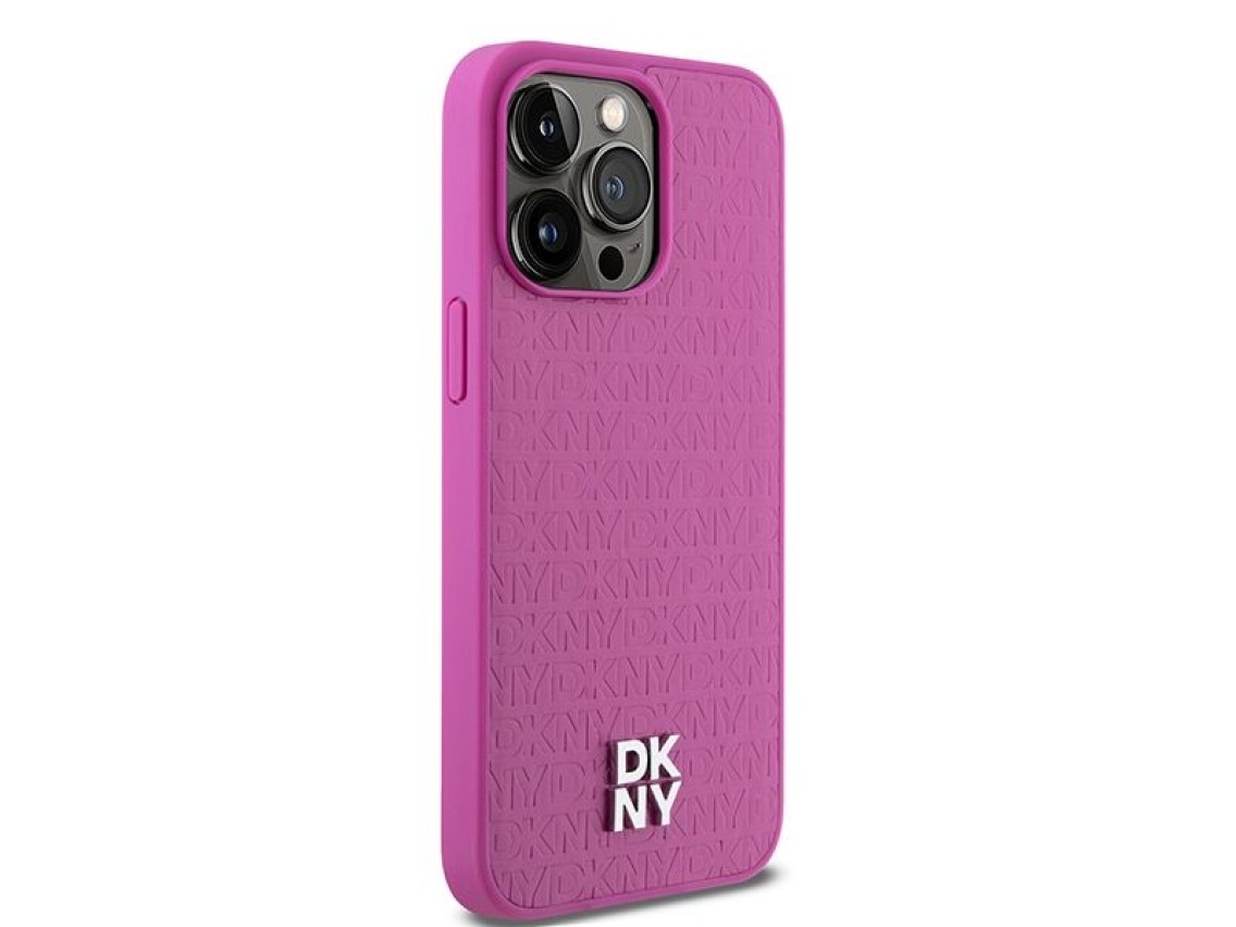 DKNY Leather Monogram Pattern Metal Logo MagSafe Case for iPhone 15 Pro Max - Pink