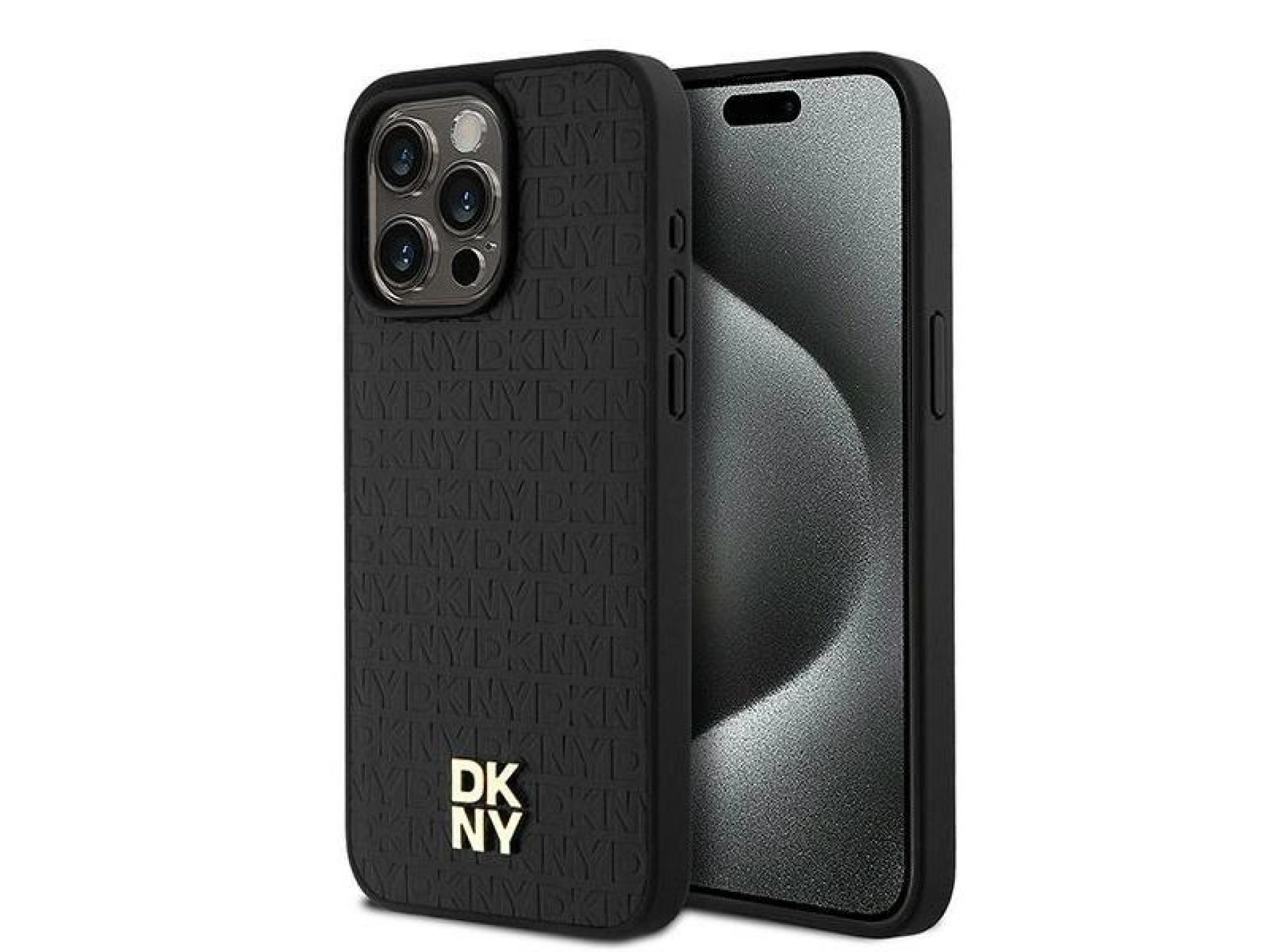 DKNY Leather Monogram Pattern Metal Logo MagSafe Case for iPhone 15 Pro Max - Black