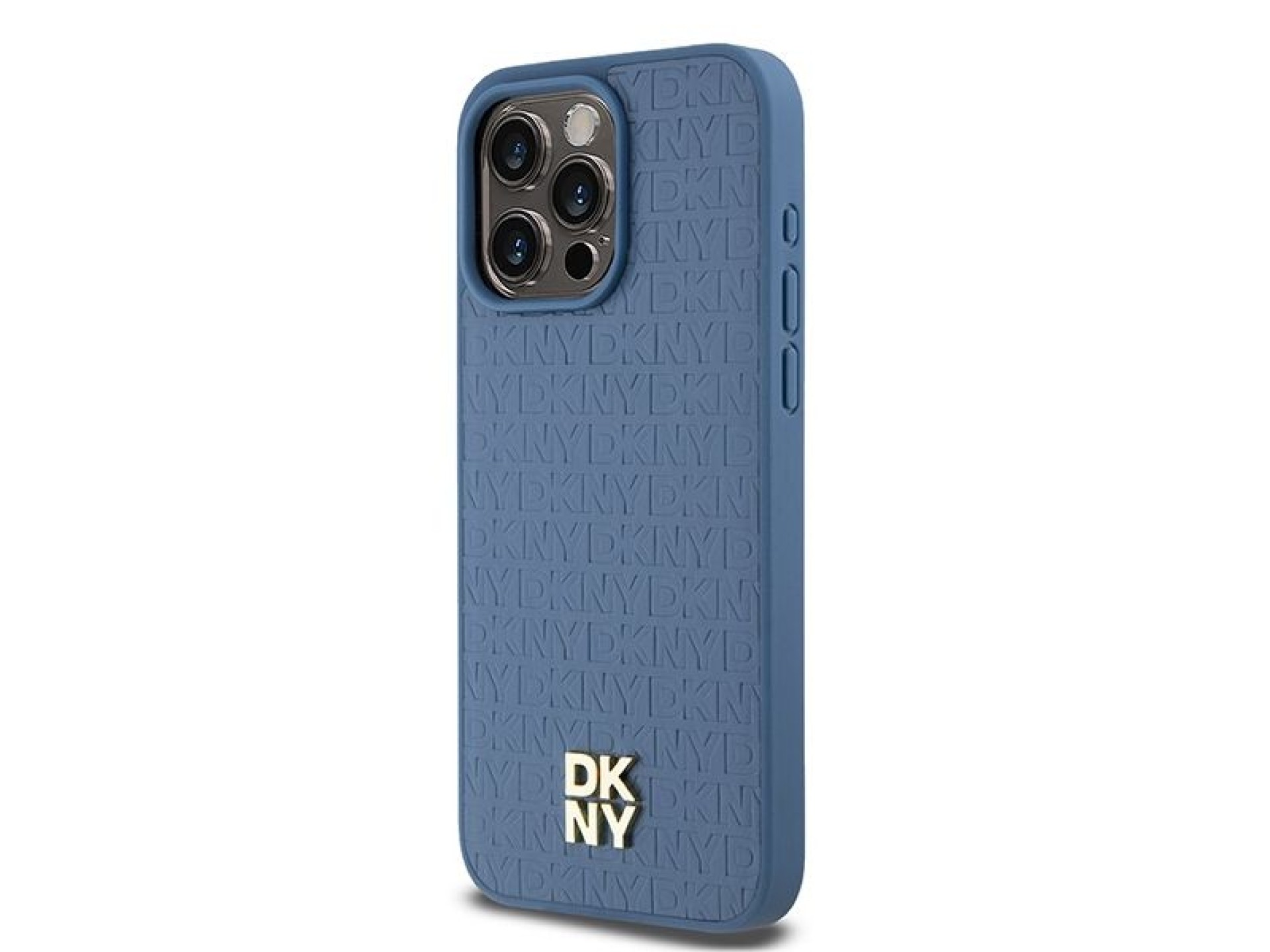 DKNY Leather Monogram Pattern Metal Logo MagSafe Case for iPhone 15 Pro Max - Blue