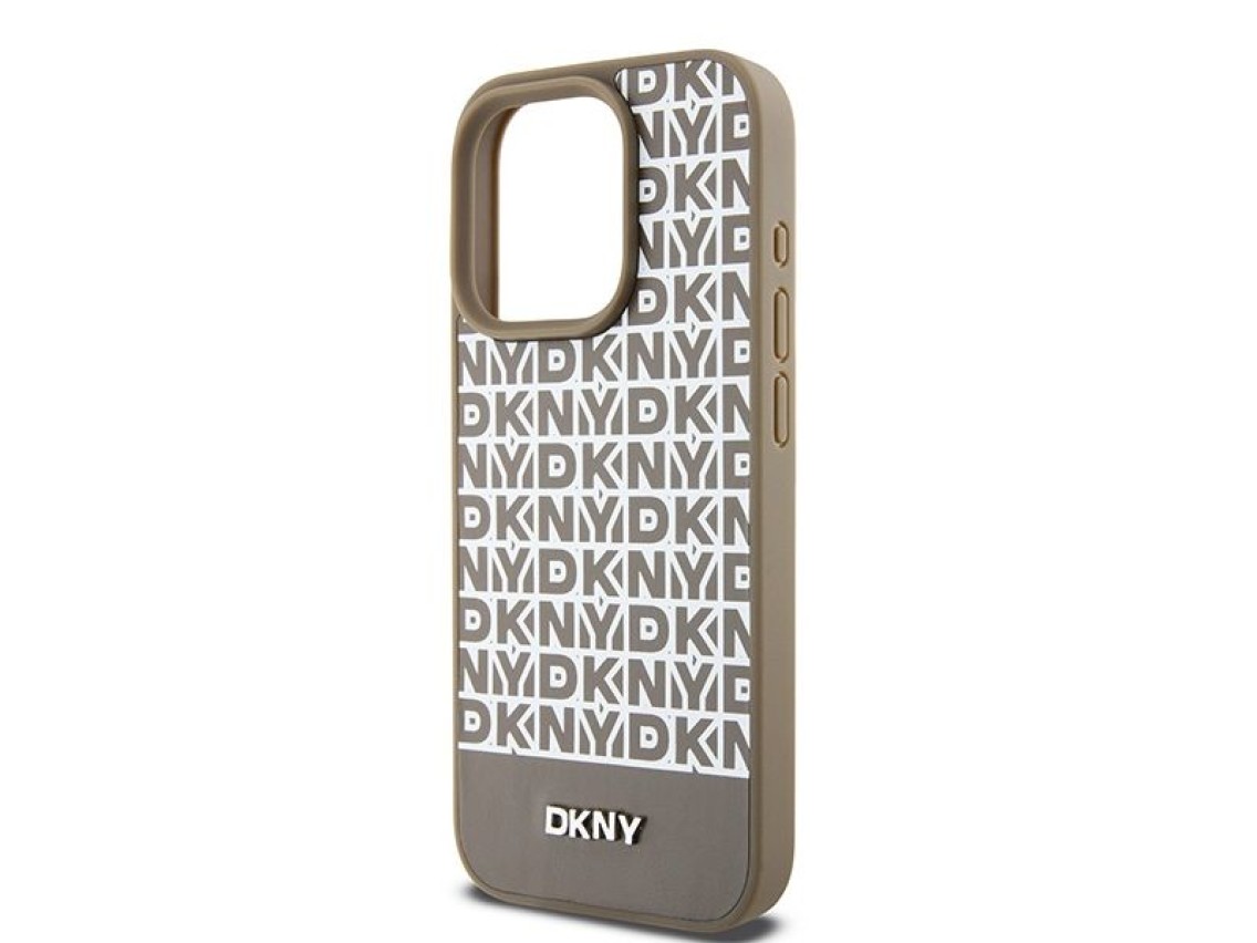 DKNY Leather Printed Pattern Metal Logo MagSafe Case for iPhone 15 Pro Max - Brown