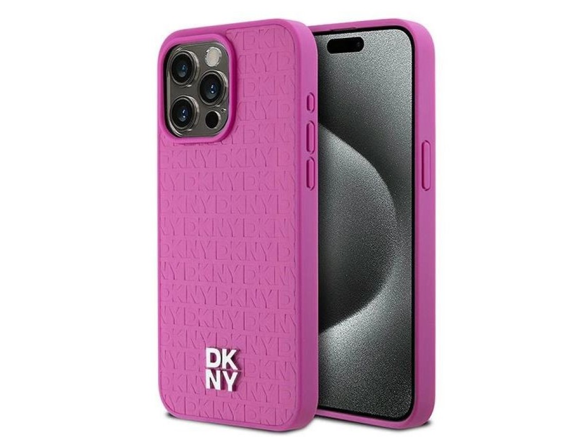 DKNY Leather Monogram Pattern Metal Logo MagSafe Case for iPhone 15 Pro Max - Pink