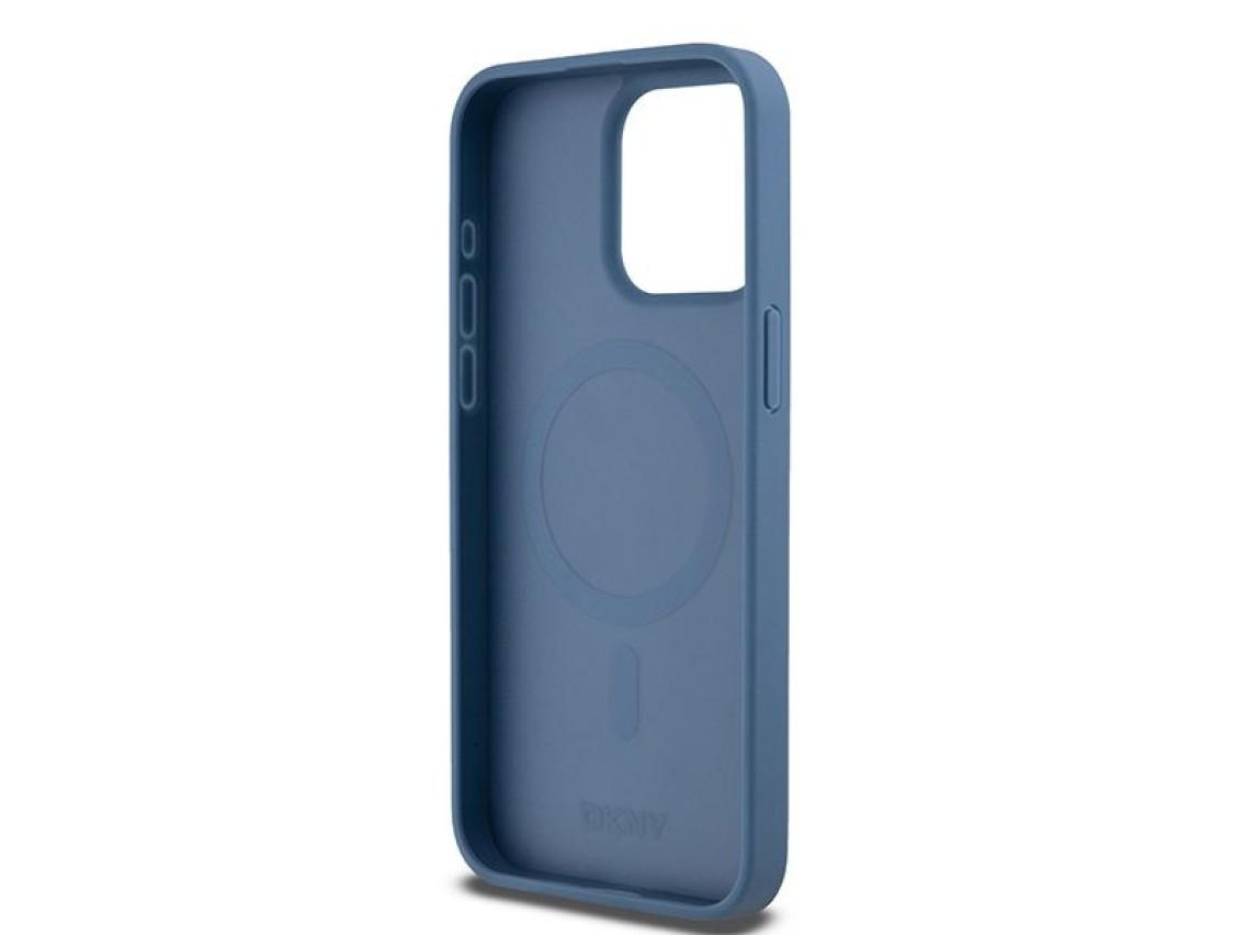 DKNY Leather Monogram Pattern Metal Logo MagSafe Case for iPhone 15 Pro Max - Blue