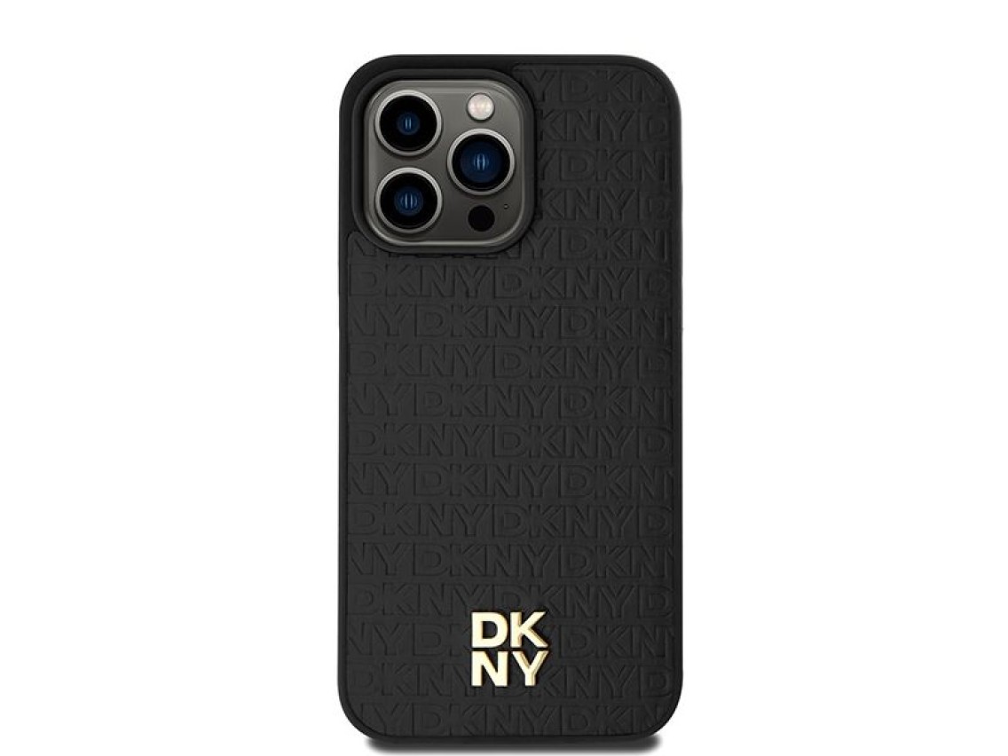 DKNY Leather Monogram Pattern Metal Logo MagSafe Case for iPhone 15 Pro Max - Black