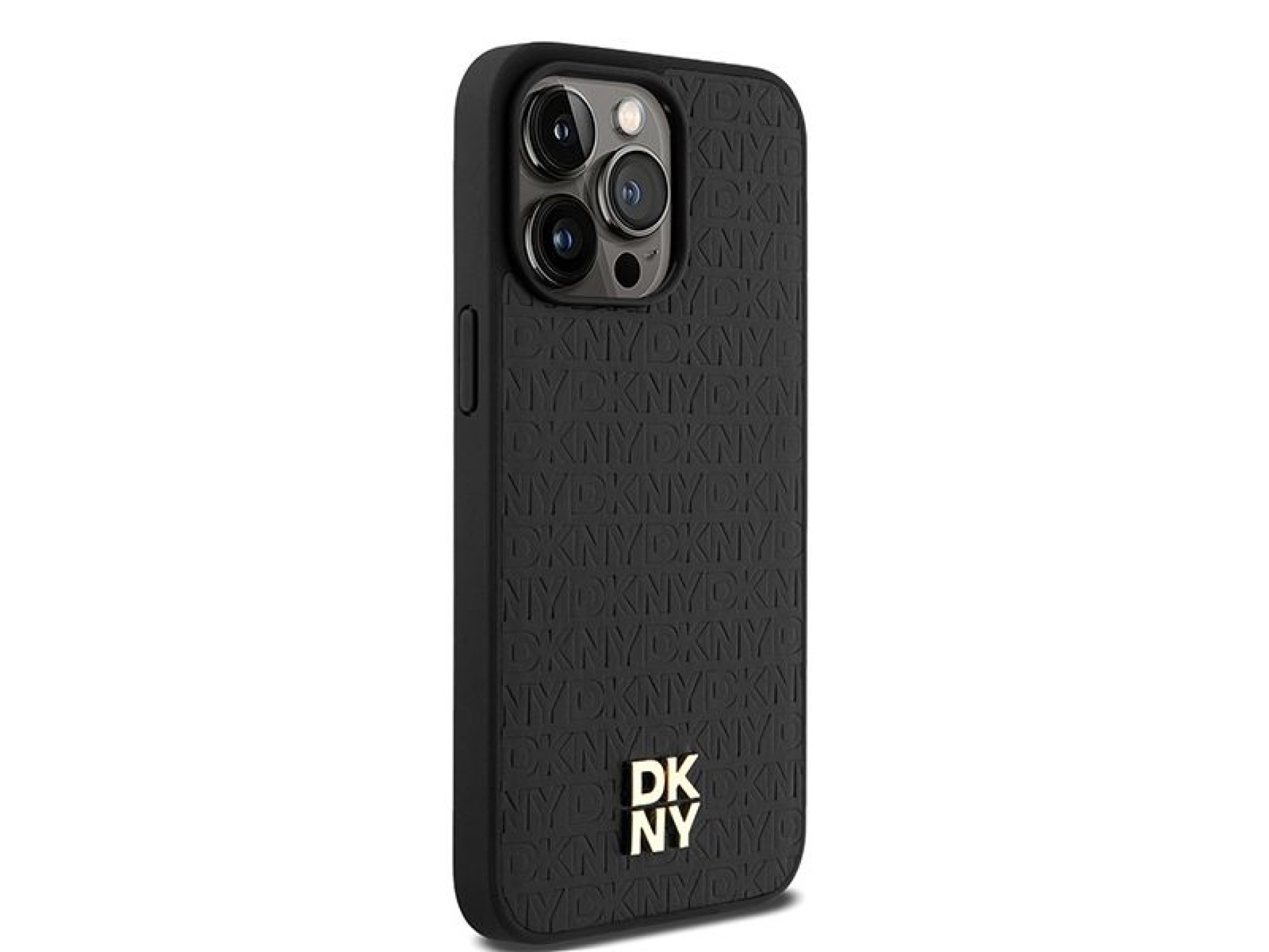 DKNY Leather Monogram Pattern Metal Logo MagSafe Case for iPhone 15 Pro Max - Black