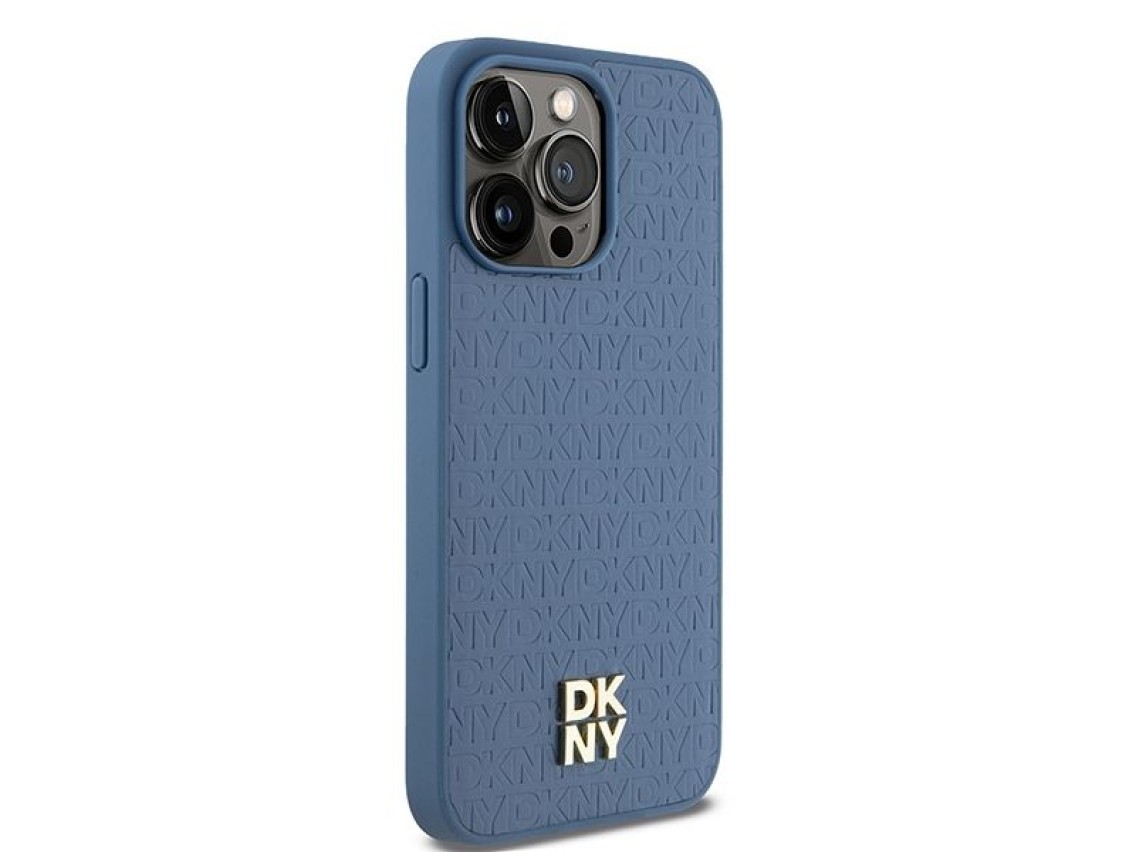 DKNY Leather Monogram Pattern Metal Logo MagSafe Case for iPhone 15 Pro Max - Blue