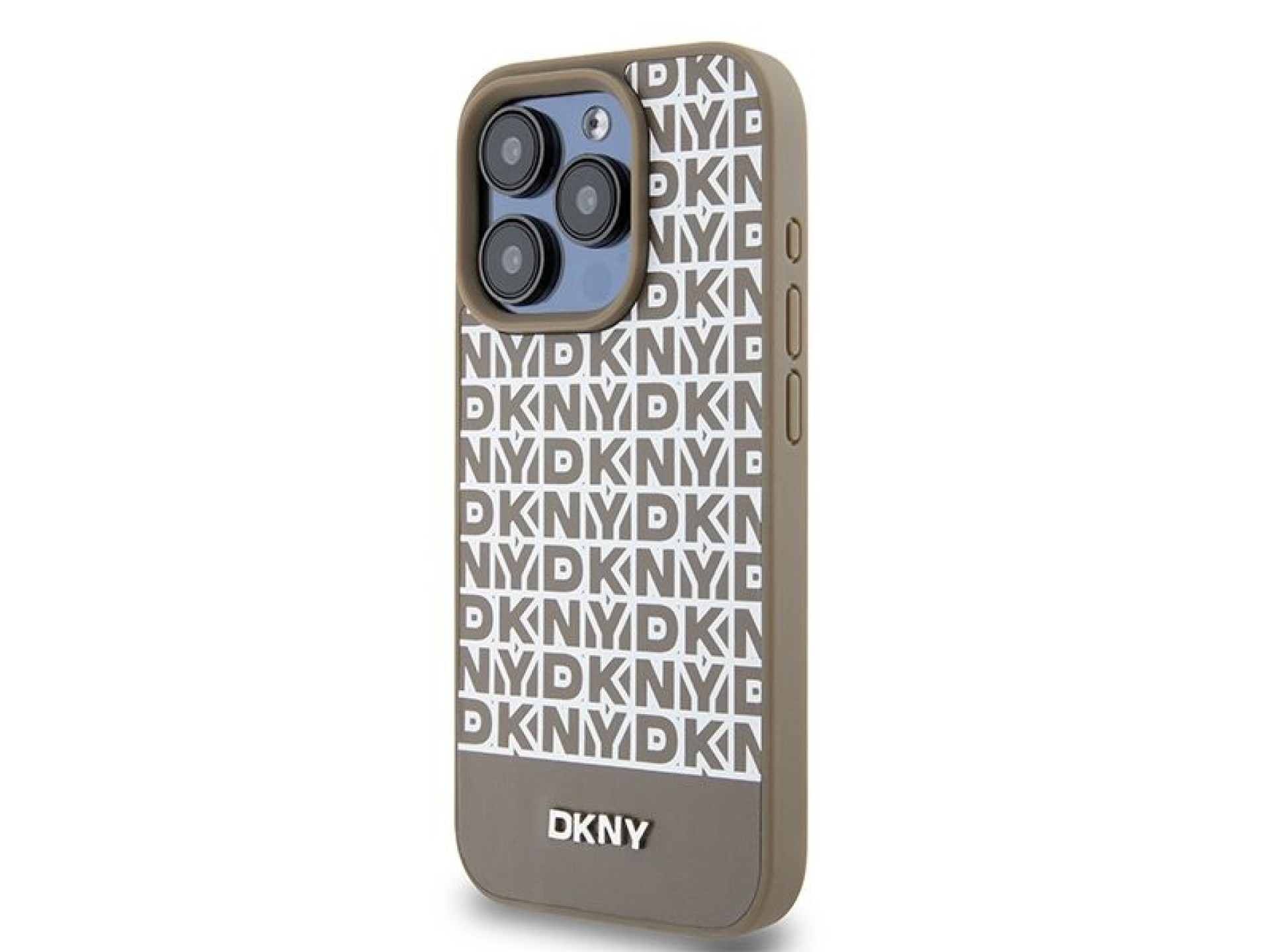 DKNY Leather Printed Pattern Metal Logo MagSafe Case for iPhone 15 Pro Max - Brown