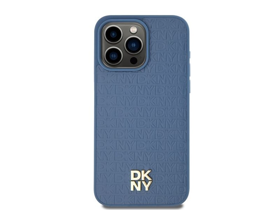 DKNY Leather Monogram Pattern Metal Logo MagSafe Case for iPhone 15 Pro Max - Blue