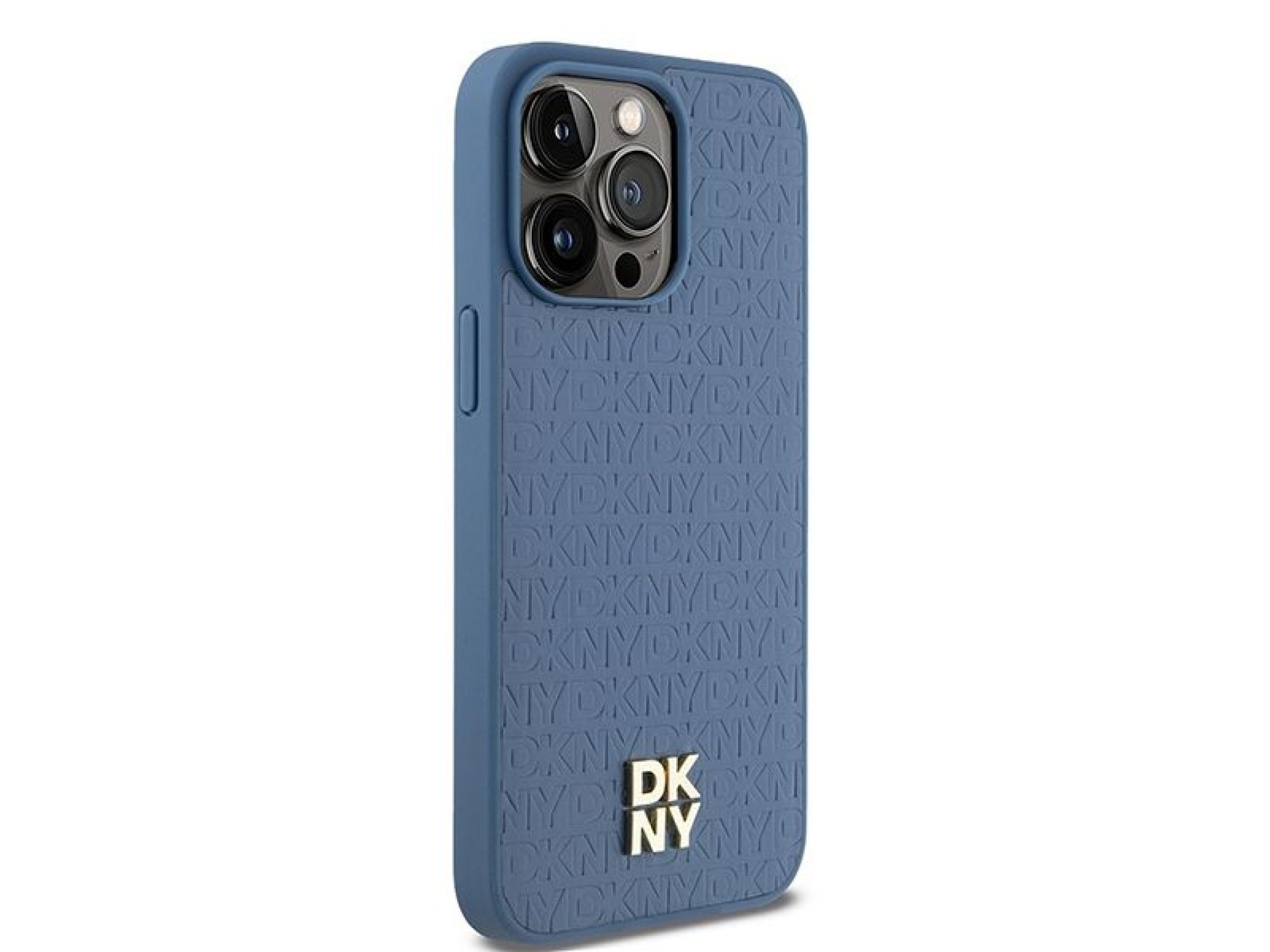 DKNY Leather Monogram Pattern Metal Logo MagSafe Case for iPhone 15 Pro Max - Blue