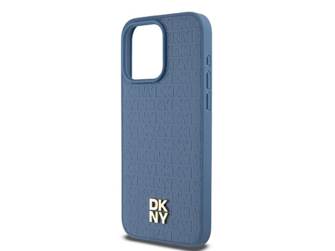 DKNY Leather Monogram Pattern Metal Logo MagSafe Case for iPhone 15 Pro Max - Blue