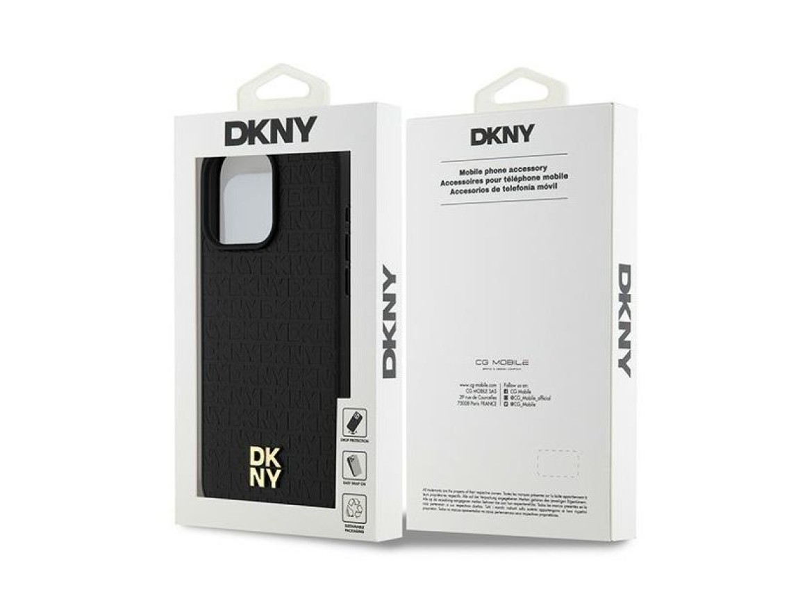 DKNY Leather Monogram Pattern Metal Logo MagSafe Case for iPhone 15 Pro Max - Black
