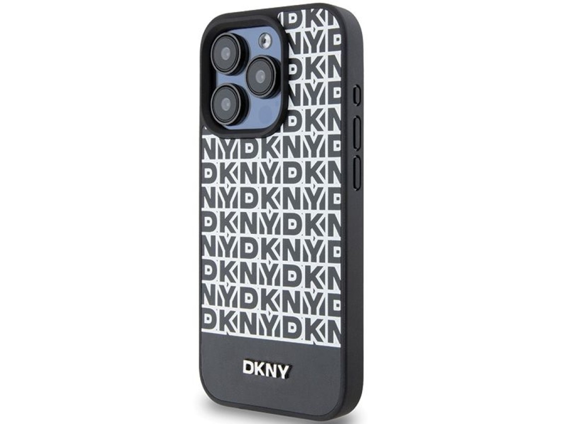 DKNY Leather Printed Pattern Metal Logo MagSafe Case for iPhone 15 Pro Max - Black