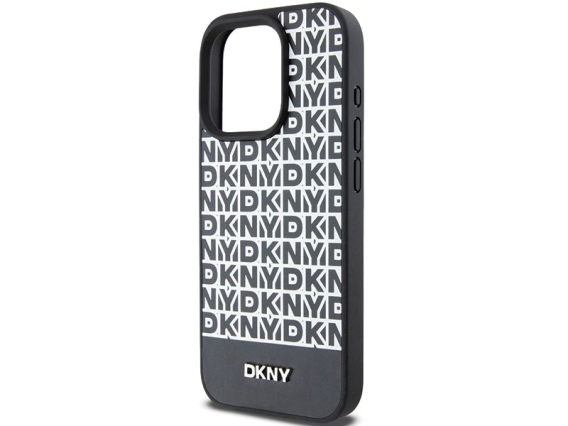 DKNY Leather Printed Pattern Metal Logo MagSafe Case for iPhone 15 Pro Max - Black