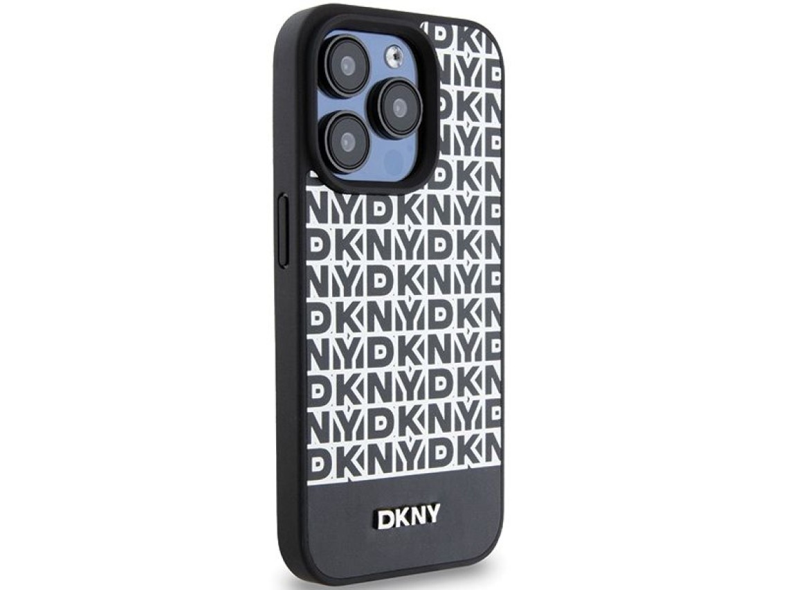 DKNY Leather Printed Pattern Metal Logo MagSafe Case for iPhone 15 Pro Max - Black