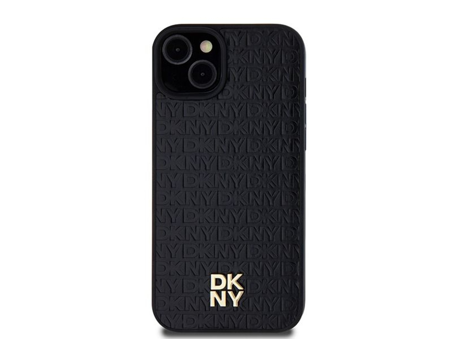 DKNY Leather Monogram Pattern Metal Logo MagSafe Case for iPhone 15 Plus / 14 Plus - Black