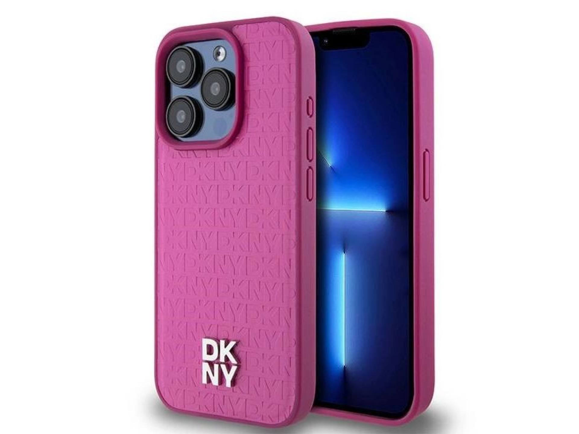 DKNY Leather Monogram Pattern Metal Logo MagSafe Case for iPhone 15 Pro - Pink
