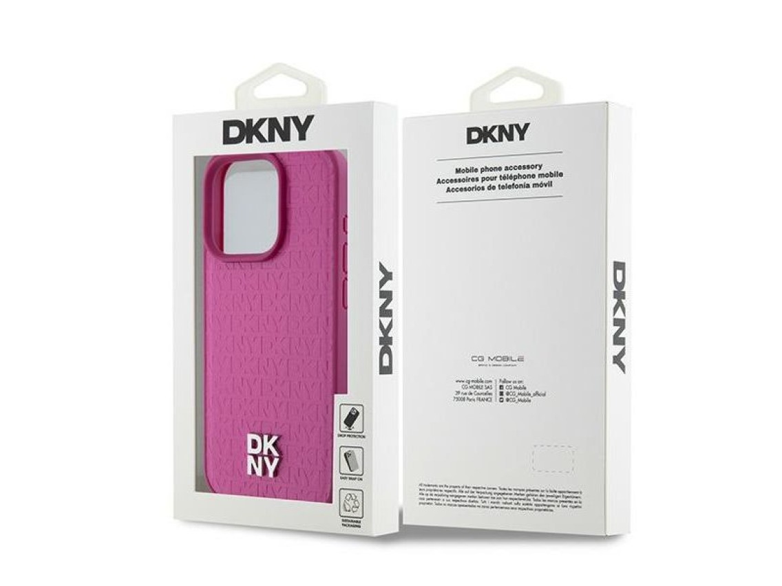 DKNY Leather Monogram Pattern Metal Logo MagSafe Case for iPhone 15 Pro - Pink