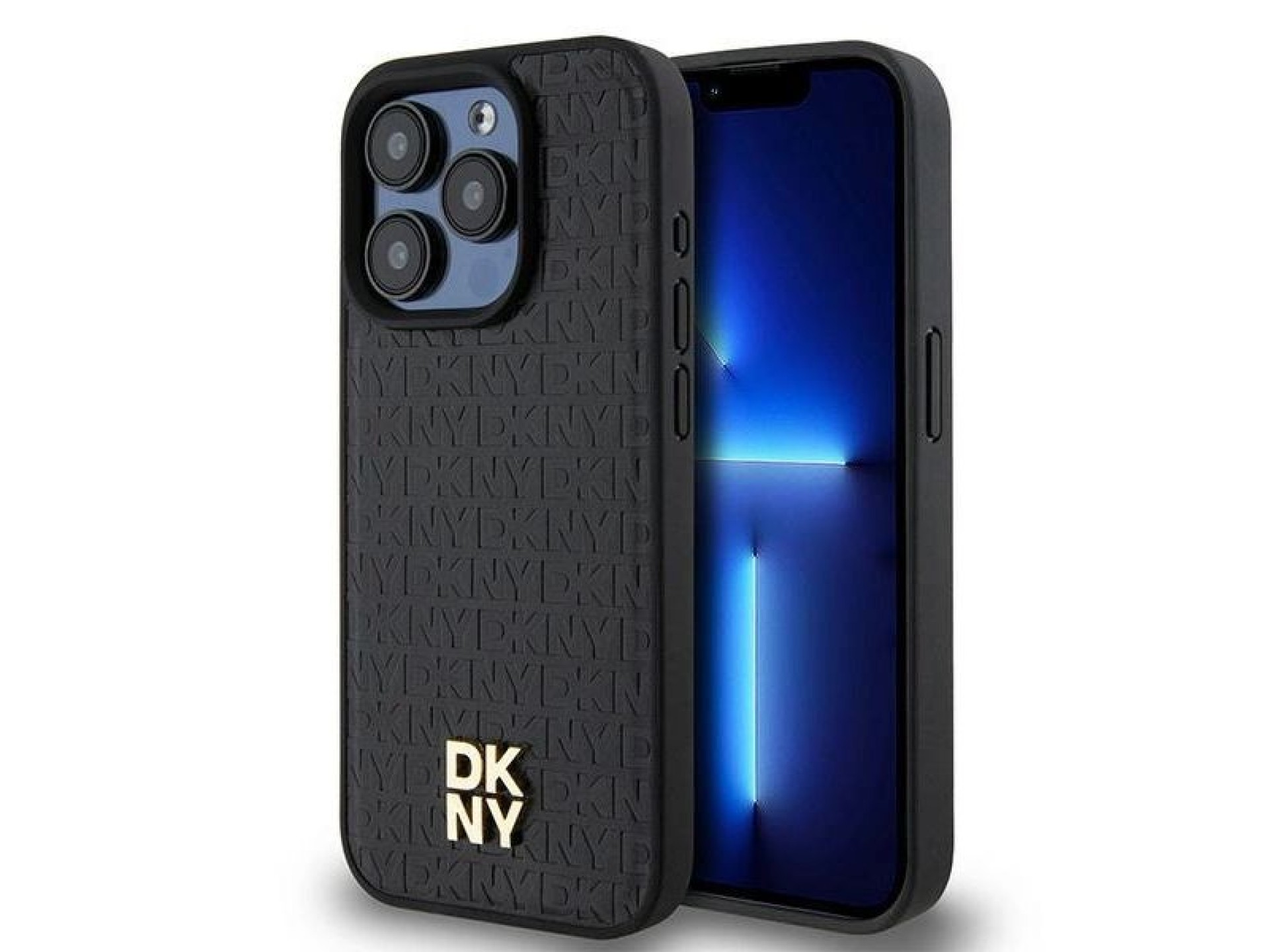 Capa MagSafe DKNY em couro com monograma e logotipo metálico para iPhone 15 Pro - Preta
