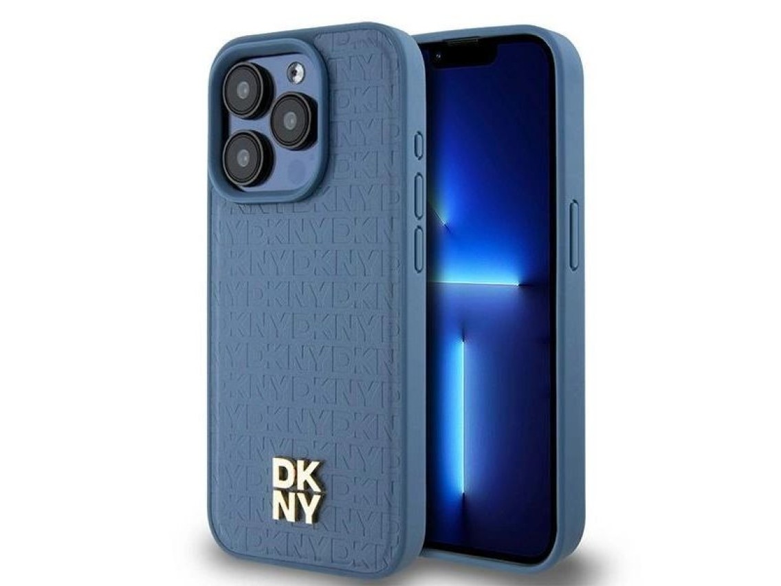 DKNY Leather Monogram Pattern Metal Logo MagSafe Case for iPhone 15 Pro - Blue
